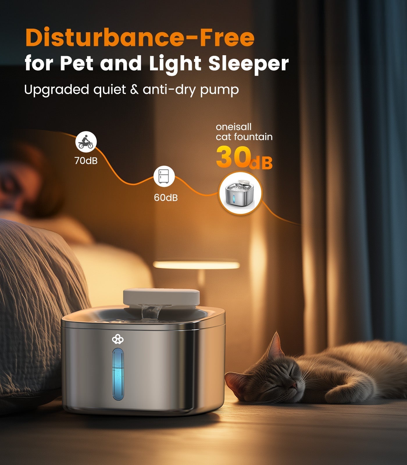 Fonte de água sem fios para animais de estimação Oneisall 3,5 L em aço inoxidável com 3 filtros